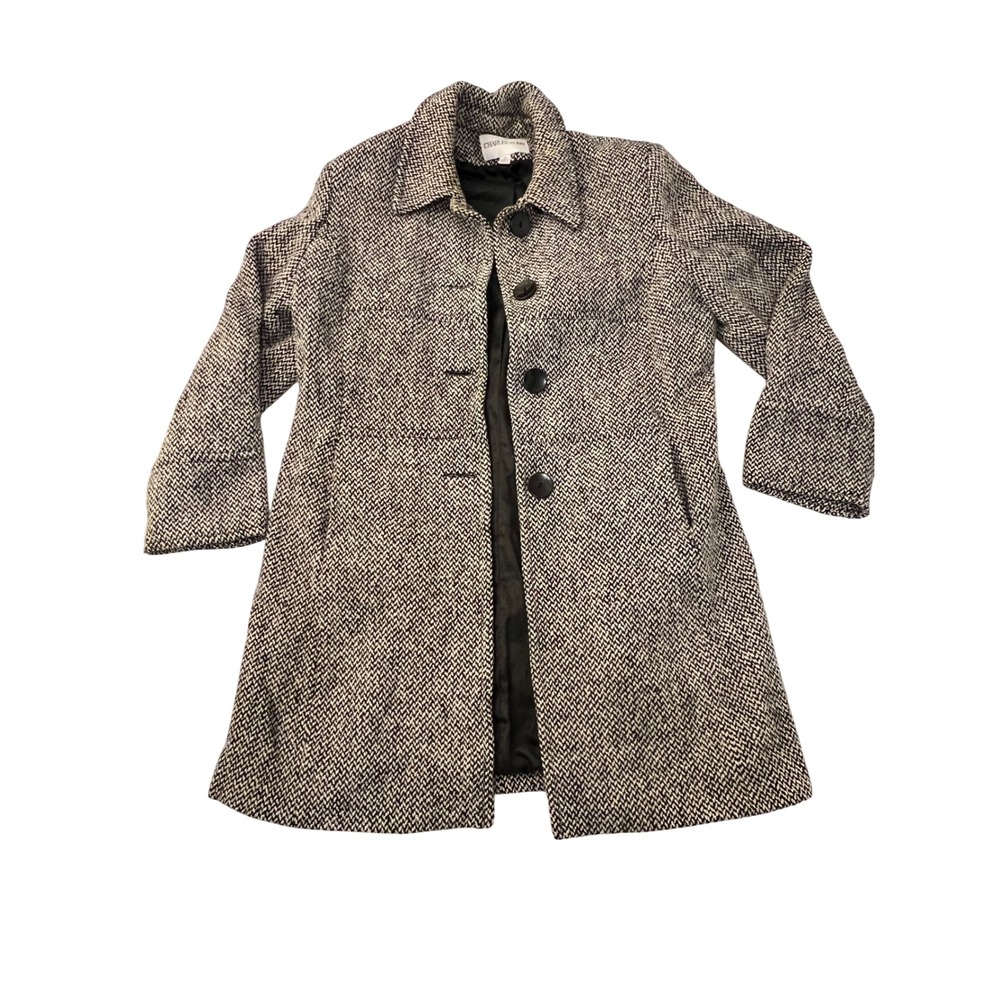 Charles Klein Womens Herringbone Wool Blend Button Front Coat Black White 12